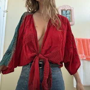 Red silk tie blouse